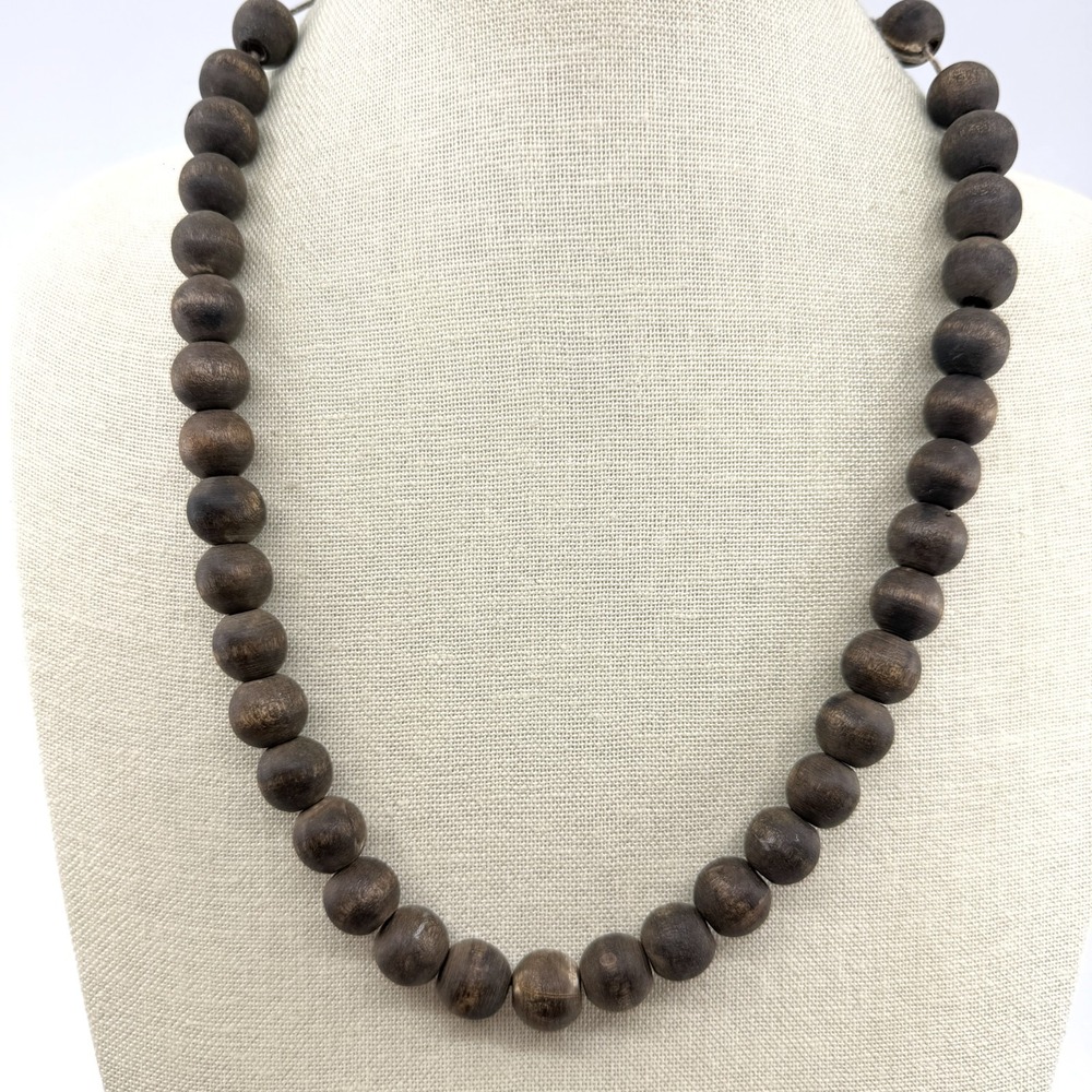 Minimalist Brown Wood Bead Strand Necklace Boho Organic Natural Layering Jewelry